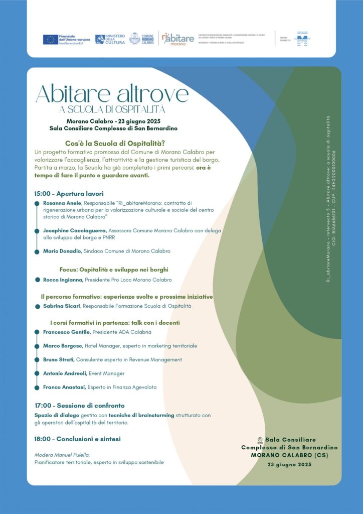 Ri_Abitare Morano – Intervento 5, il 23 giugno focus su ospitalità e accoglienza. Esperti, amministratori e operatori economici a confronto  