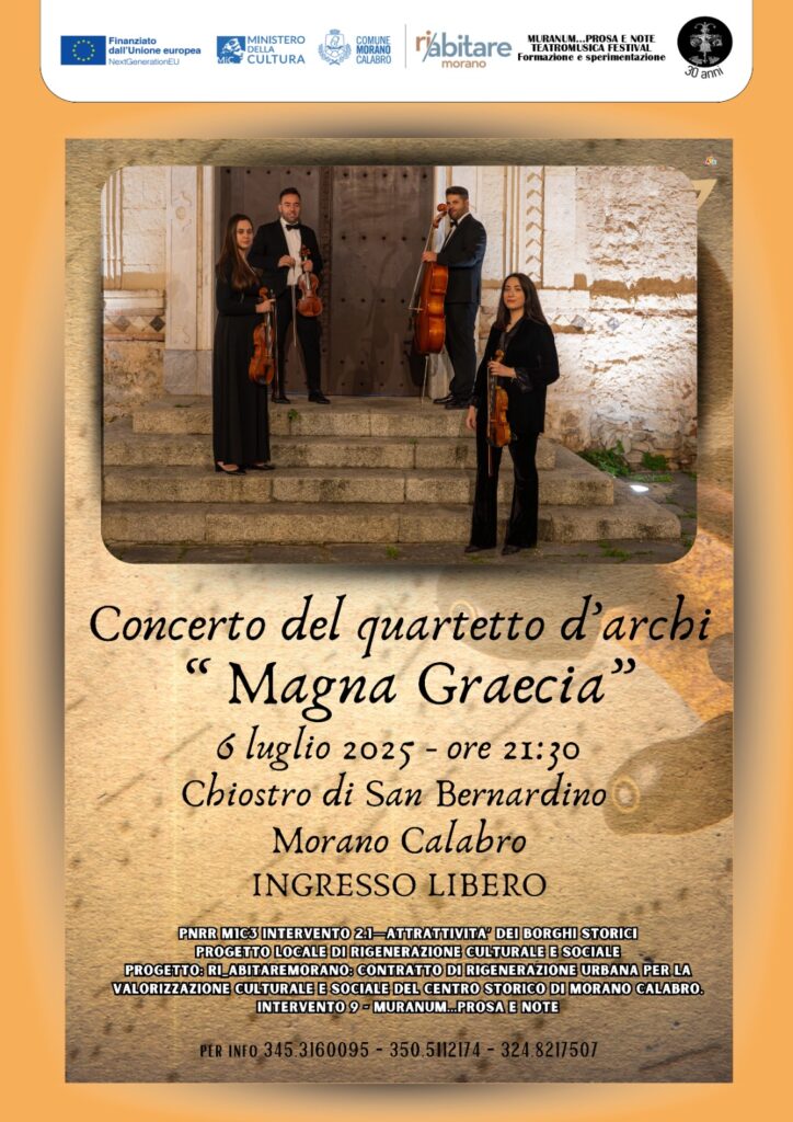 Serata di grande musica nel Chiostro San Bernardino con il Quartetto d’Archi “Magna Graecia”. Domenica 6 luglio, ore 21.30